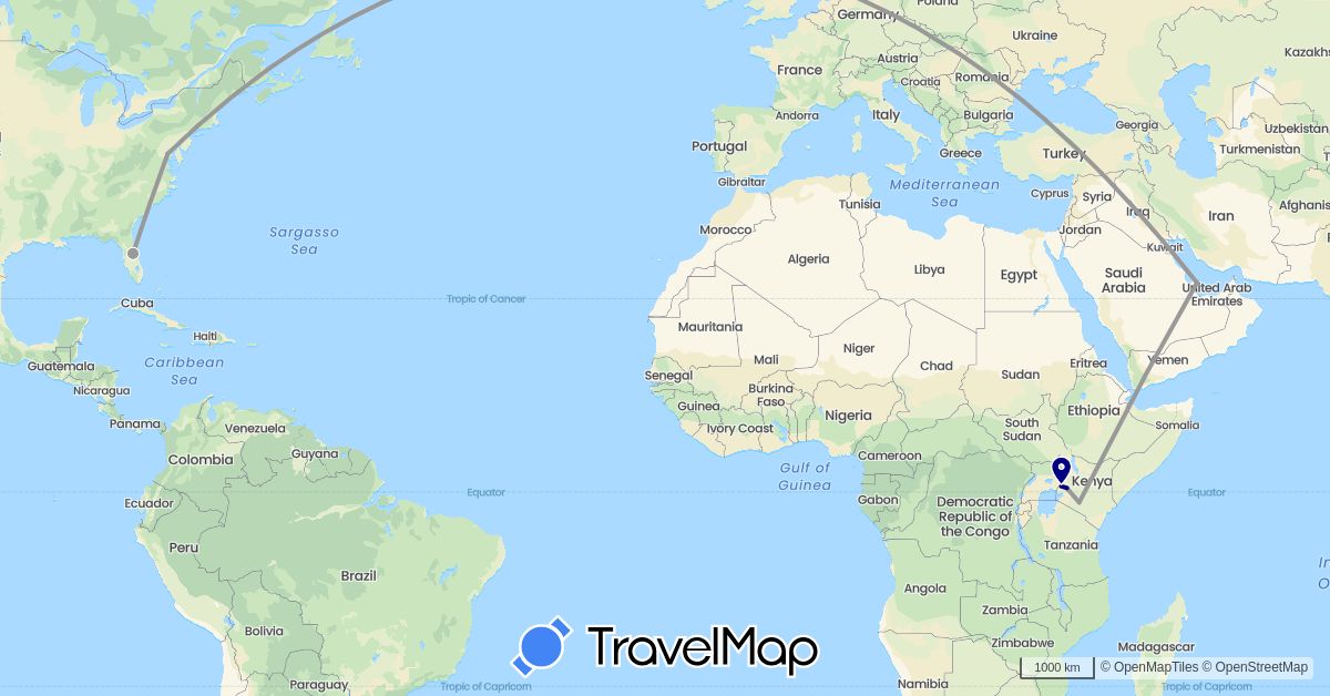 TravelMap itinerary: driving, plane in Kenya, Qatar, United States (Africa, Asia, North America)